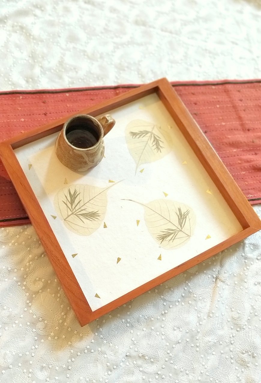 Misty Peepal White Wood and Handpressed Leaves Tray